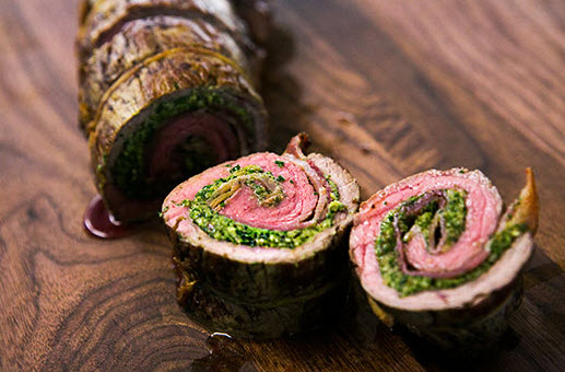 Beef Roulades with Walnut Parsley Pesto