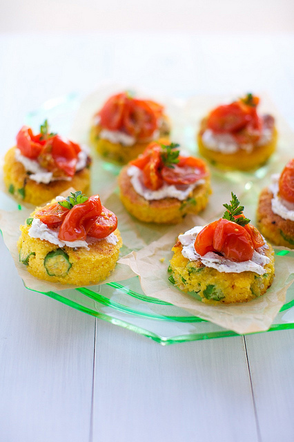 Okra Cornmeal Cakes with Chevre and Roasted Tomatoes