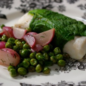 Lettuce-Wrapped Halibut with Dill Cream Sauce and Radishes and Peas