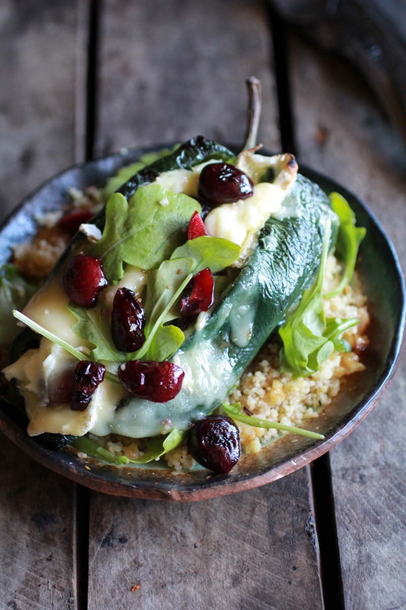 Roasted Cherry, Couscous and Brie Stuffed Poblano Peppers