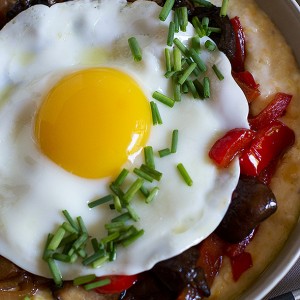 Creamy Polenta with Melted Peppers and Sauteed Mushrooms