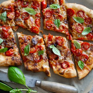 Studded Cherry-Tomato, Bacon and Blue Cheese Pizza