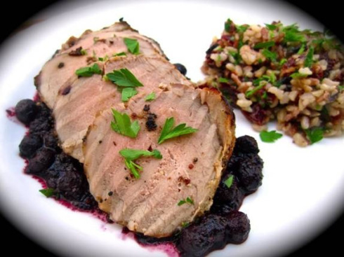 Mustard-Crusted Pork Tenderloin with Balsamic Blueberry Reduction