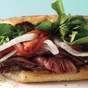 Grilled Steak Sandwiches with Marinated Watercress, Onion and Tomato Salad