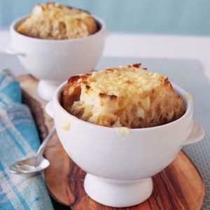 Onion Soup with Loads of Thyme and Giant Gruyere Crostini
