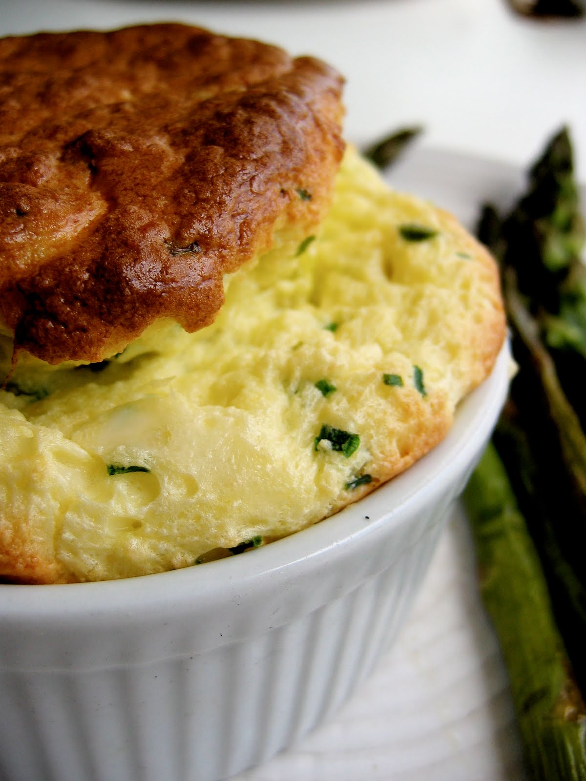 Green Garlic, Chive and Cheese Souffles with Roasted Asparagus