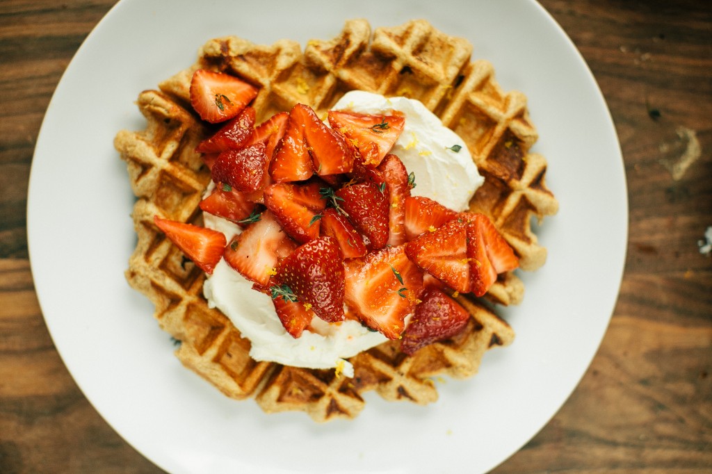 Whole Wheat Belgian Waffles with Mascarpone, Thyme and Strawberries
