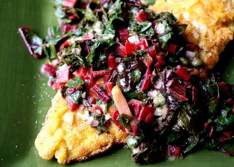 Cornmeal-Crusted Catfish with Greens and Mustard Vinaigrette