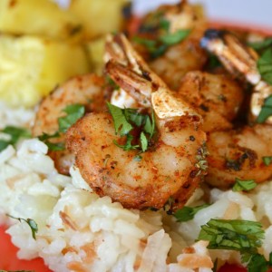 Spicy Shrimp with Grilled Pineapple and Coconut Rice Pilaf