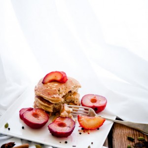 Chai Pancakes with Black Tea-Poached Plums