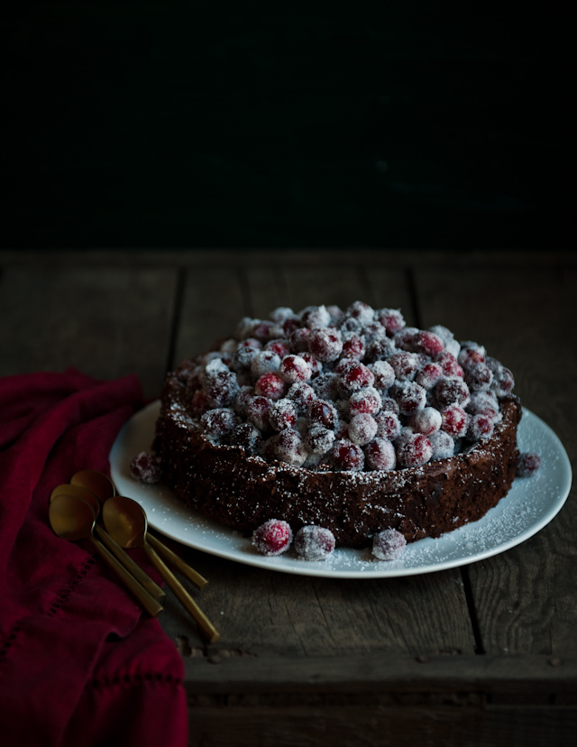 Cinnamon Chocolate Sunken Souffle Cake with Sparkling Cranberries