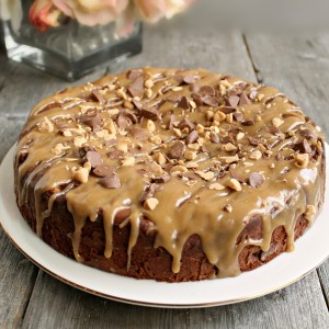 Double Chocolate Chip Cake with Salted Peanut Butter Glaze