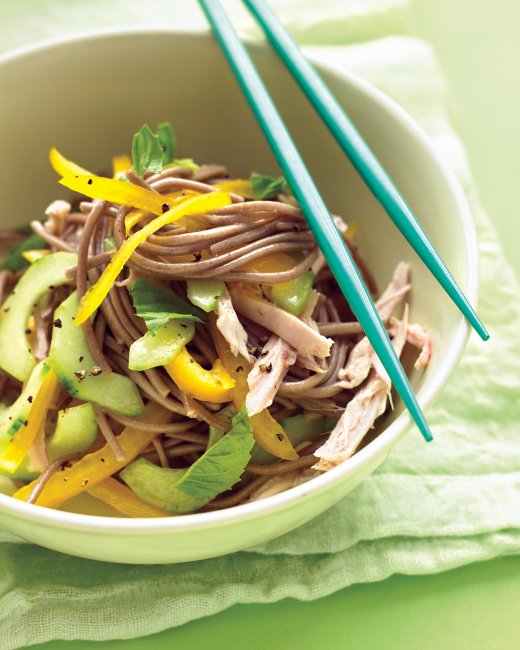 Cold Soba Noodle Salad with Chicken, Peppers and Cucumber