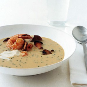 Cream of Cope’s Corn Soup with Shrimp and Wild Mushrooms