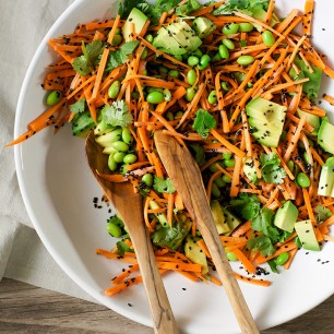 Ginger, Citrus and Black Sesame Carrots with Edamame and Avocado