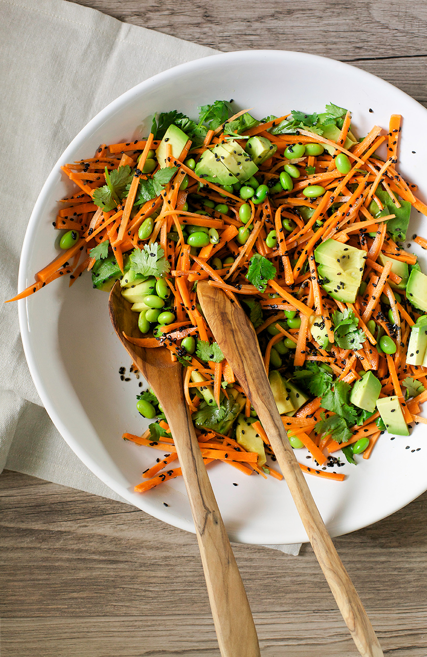 Ginger, Citrus and Black Sesame Carrots with Edamame and Avocado