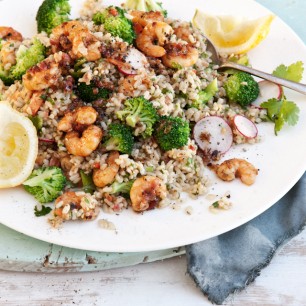 Brown Rice and Garlicky Chilli Prawn Salad, with Capers, Broccoli and Radish, Crushed Peanuts