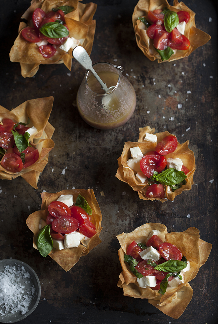Caprese Salad in Phyllo Baskets with an Olive Tapenade Vinaigrette