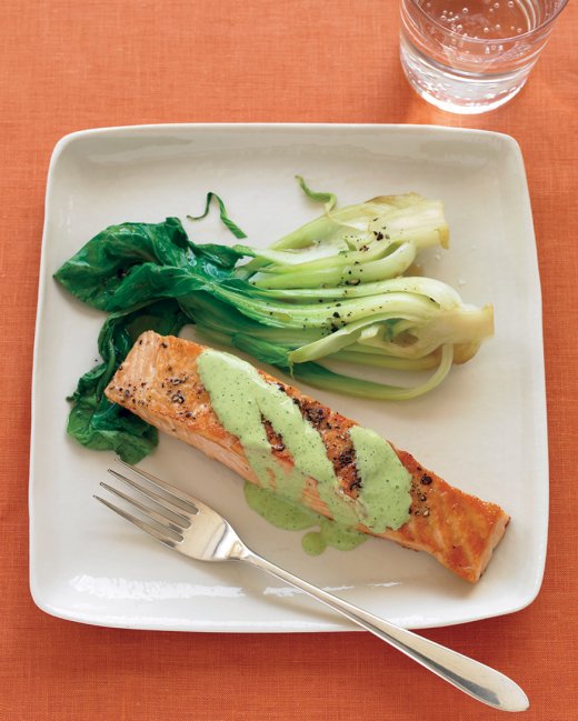 Salmon with Wasabi Sauce and Baby Bok Choy Recipe Hearth