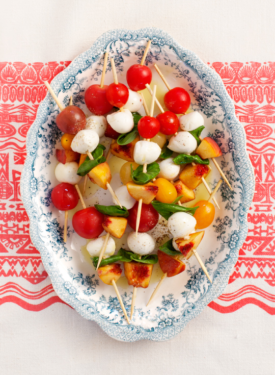 Tomato, Basil and Peach Skewers