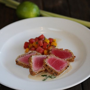 Lime and Coriander-Crusted Tuna with Spicy Watermelon Salad