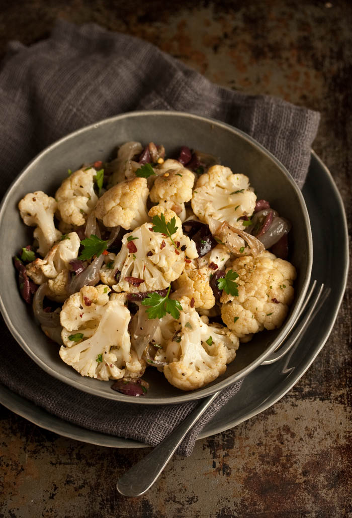 Roasted Cauliflower Salad with Anchovies, Olives and Capers