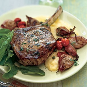 Veal Chops with Roasted Shallots, Arugula and Soft Polenta