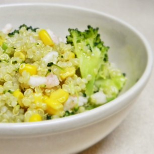 Broccolini, Corn, and Shrimp Quinoa with Olive Oil Lemon Garlic Dressing