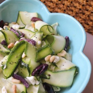 Zucchini Ribbon Salad with Mint, Olives, Feta and Pine Nuts