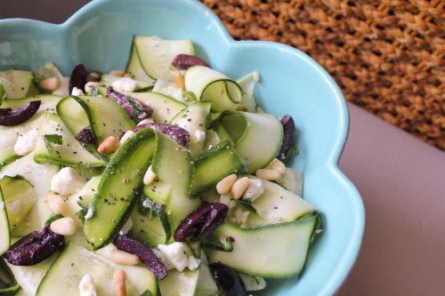 Zucchini Ribbon Salad with Mint, Olives, Feta and Pine Nuts