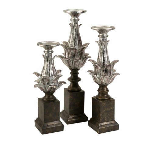 Set of 3 Dramatic Silver Lotus Flower Candlestick Holders
