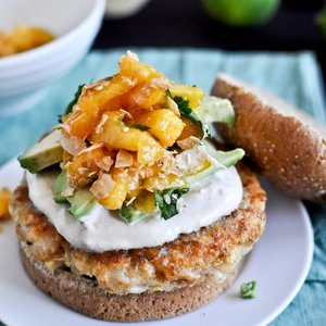 Shrimp Burgers with Chipotle Cream and Coconut Peach Salsa