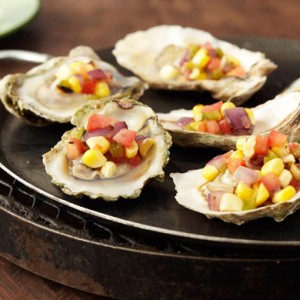 Grilled East Coast Oysters with Corn Jalapeno Salsita