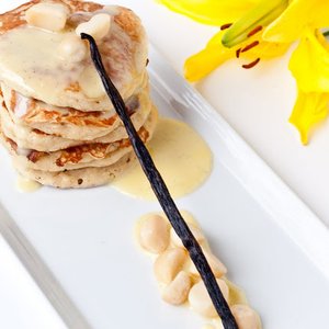 Banana Macadamia Nut Pancakes with White Chocolate Crème Anglaise