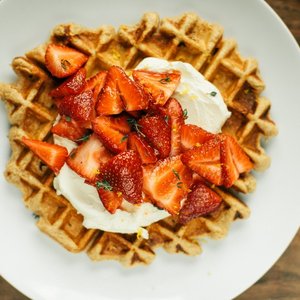 Whole Wheat Belgian Waffles with Mascarpone, Thyme and Strawberries