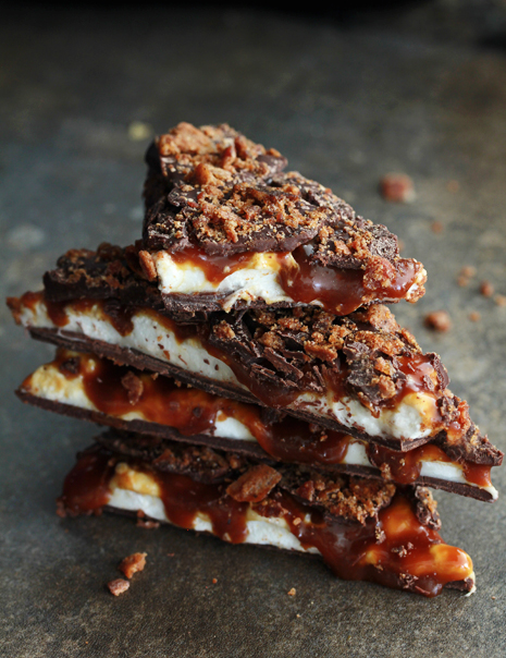 Whiskey Marshmallow and Caramel Bacon Bark