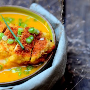 Squash Yogurt Soup with Panko Crusted Chicken