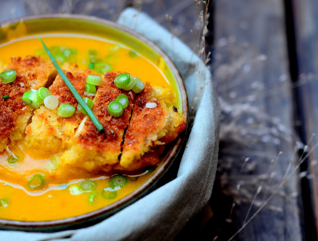 Squash Yogurt Soup with Panko Crusted Chicken