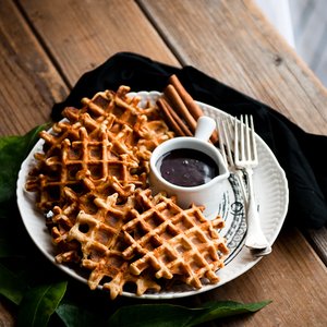 Orange Cinnamon Belgian Waffles with Dark Chocolate Hot Fudge