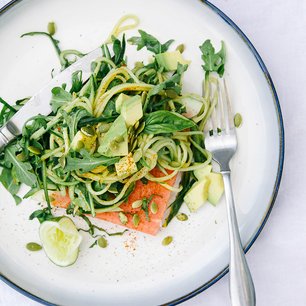 Chili Lime Cucumber Noodles on Salted Watermelon Basil