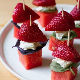Watermelon, Strawberry, Basil Skewers
