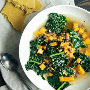 Simple Garlic and Greens Soup with Smoky Chickpea Flatbread